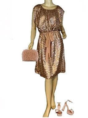 LANE BRYANT BELTED GOLD JERSEY KNIT SEQUIN COCKTAIL DRESS (18/20)